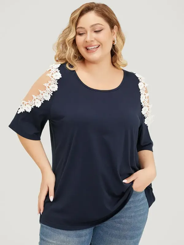 Solid Guipure Lace Cold Shoulder T-shirt