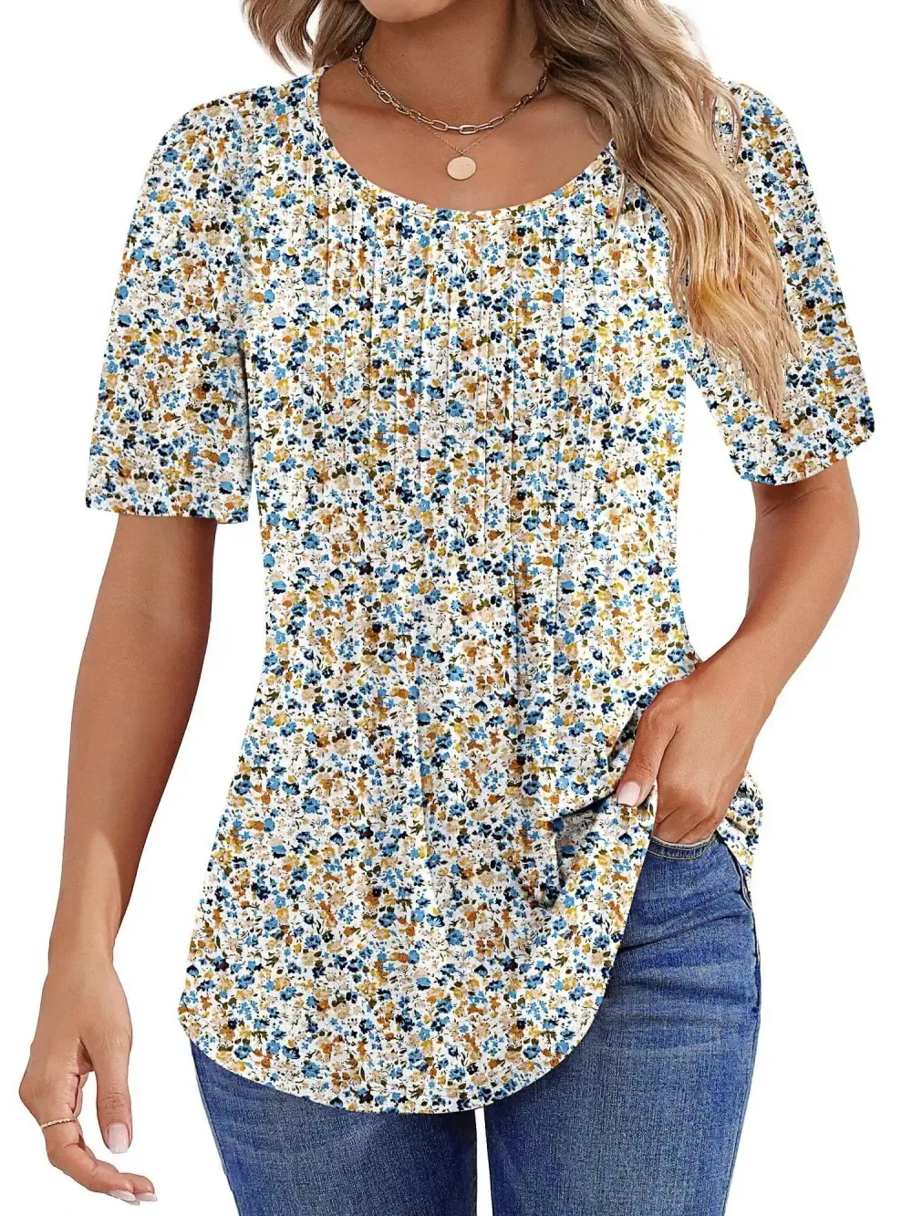 📣Women Summer Pleated Short Sleeve Tunic Blouses Tops