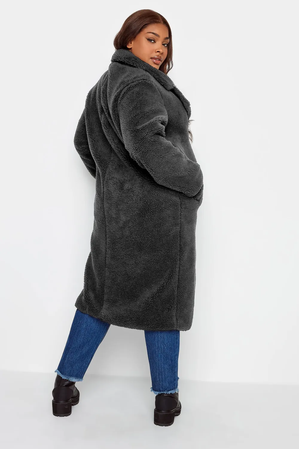 YOURS Curve White & Black Check Teddy Maxi Coat