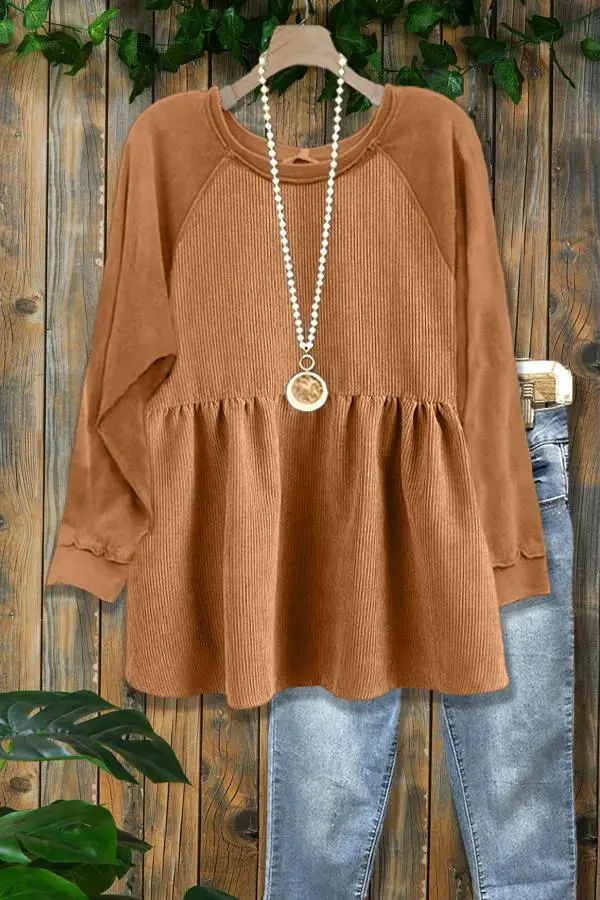 Casual Corduroy Paneled Pleated Top