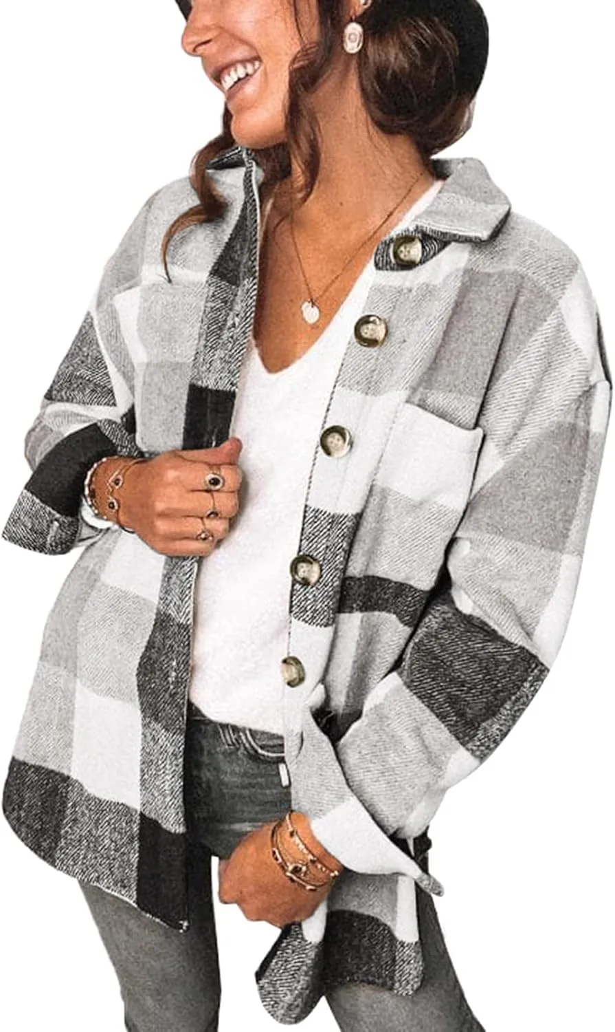 Womens Fall Outfits Fashion Clothes Shackets Flannel Plaid Button Down Long Sleeve Shirts Jackets 2024