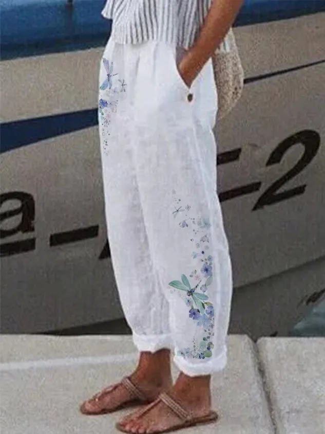 Daily Casual Cotton Linen Floral Dragonfly Print Baggy Pant