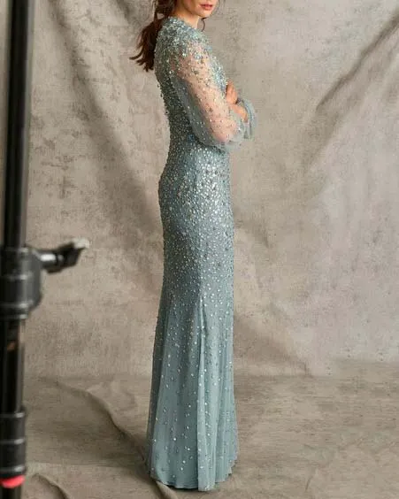 Fitted Beaded Long Sleeve Gown