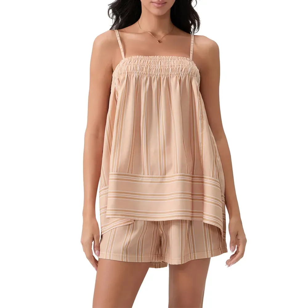 ✨Women 2 Piece Camisole Babydoll Top Tank Striped Boxer Shorts Matching Pjs Outfit Lounge Sets