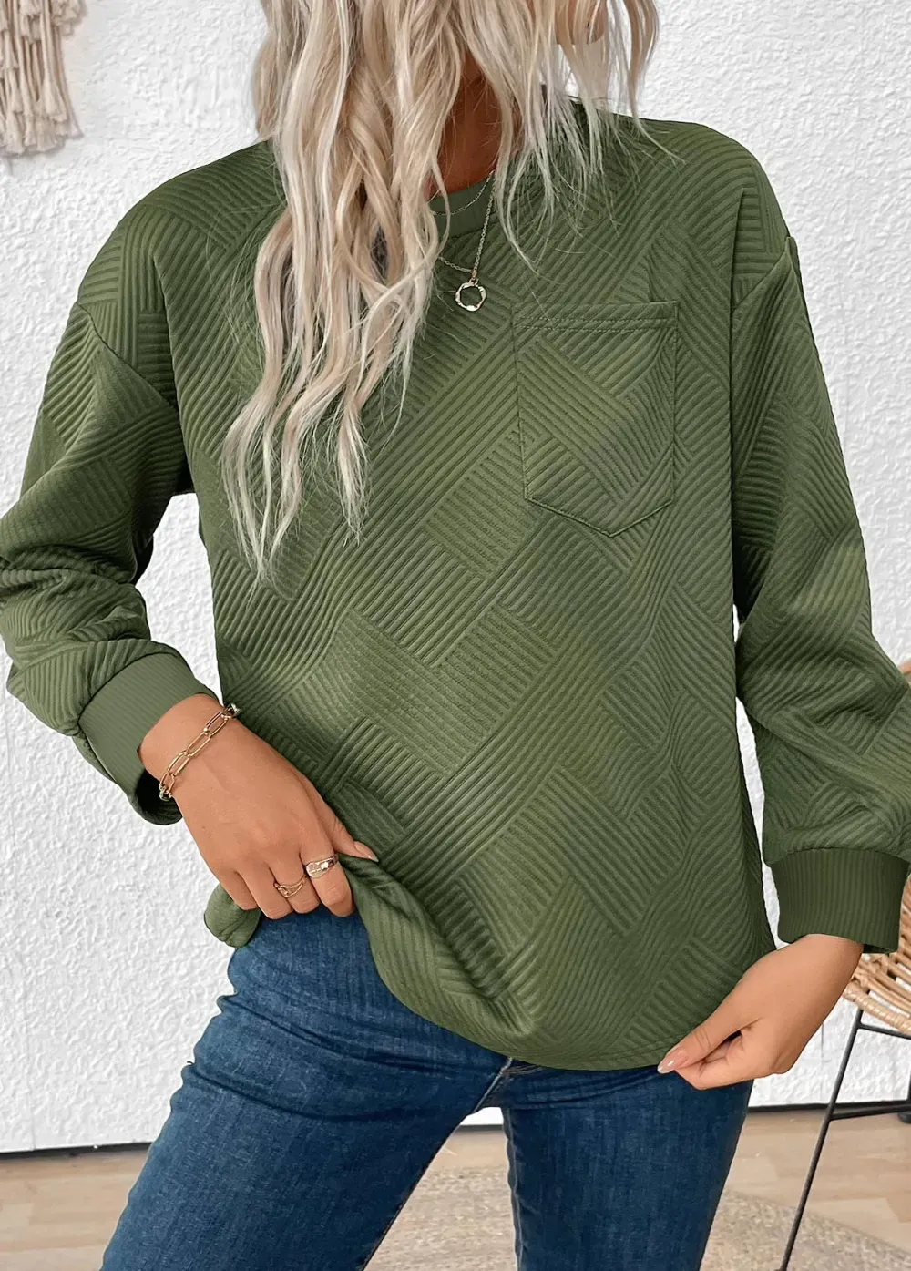 Olive Green Jacquard Long Sleeve Round Neck Sweatshirt