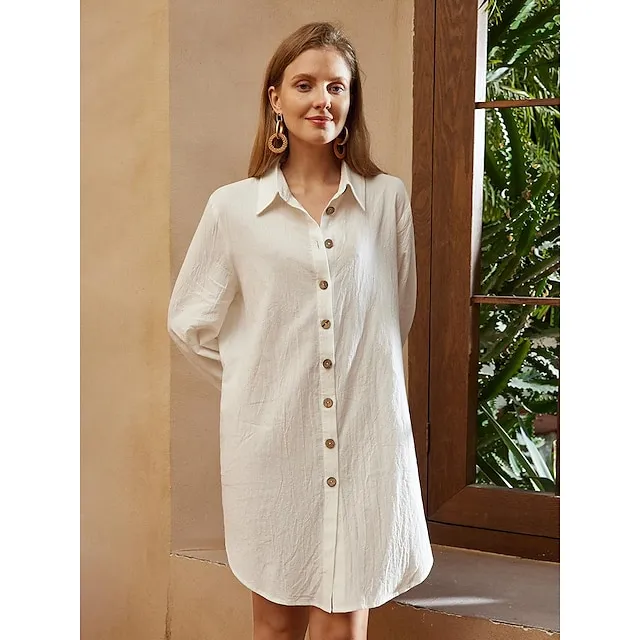 Women's Shirt Dress Mini Dress Cotton Linen Button Up Button Basic Casual Daily Shirt Collar Half Sleeve Summer Spring White