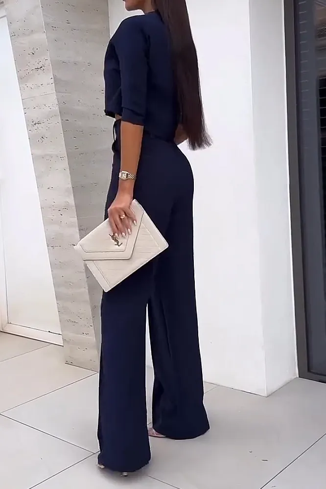 Women's solid color casual top and wide leg pants two-piece set