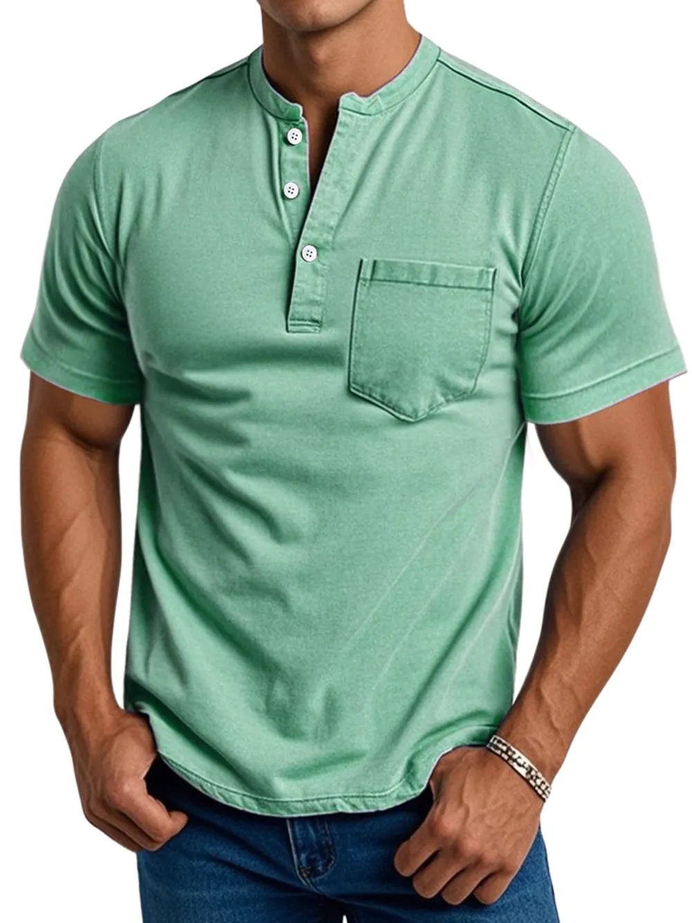Men's Daily Casual Pocket Stand Collar Short Sleeve Comfortable Henley Shirt