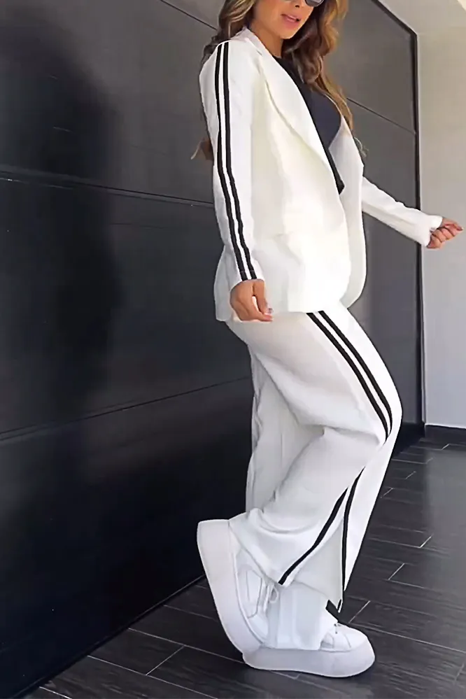 Women's Fashion Contrast Color Suit Jacket & Side Slit Pants