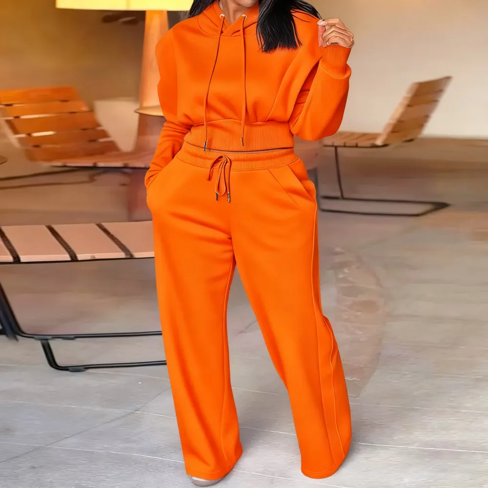 Hooded Long Sleeve Sweatshirt and Casual Wide Leg Sweatpants Set