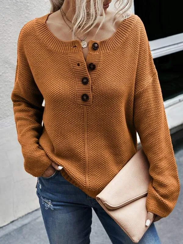 Half Button Drop Shoulder Sweater