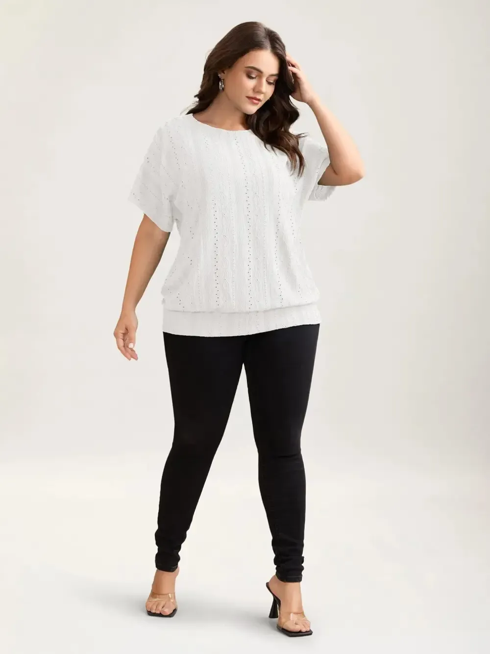 Eyelet Trim Stretchy Textured Plain Top