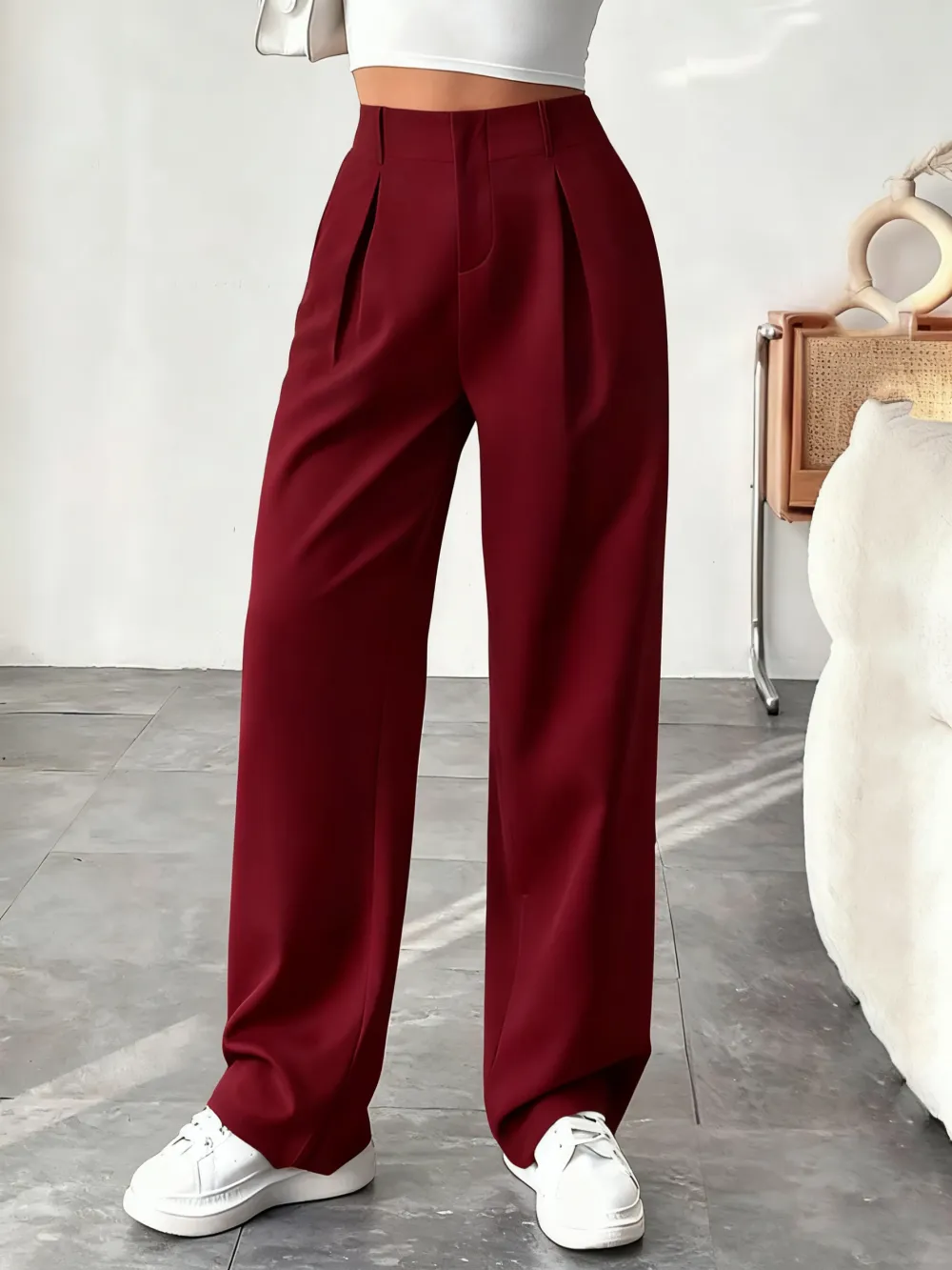Women's Solid Wide Leg Pants: Pleated Pocket, Zipper Fly (Work/Office, Spring/Fall)