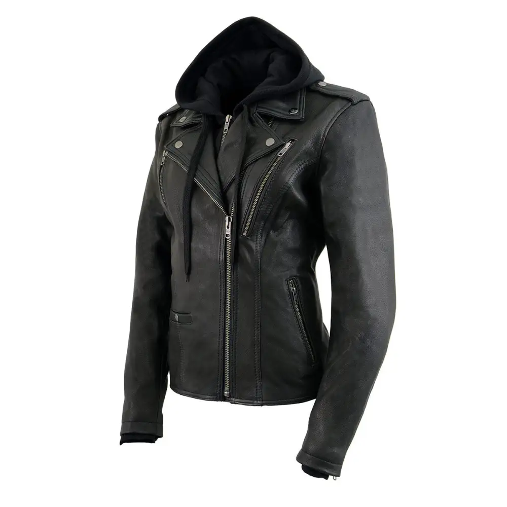 Leather MLL2575 Women's Black Leather Vented Motorcycle Jacket w/ Removable Hoodie