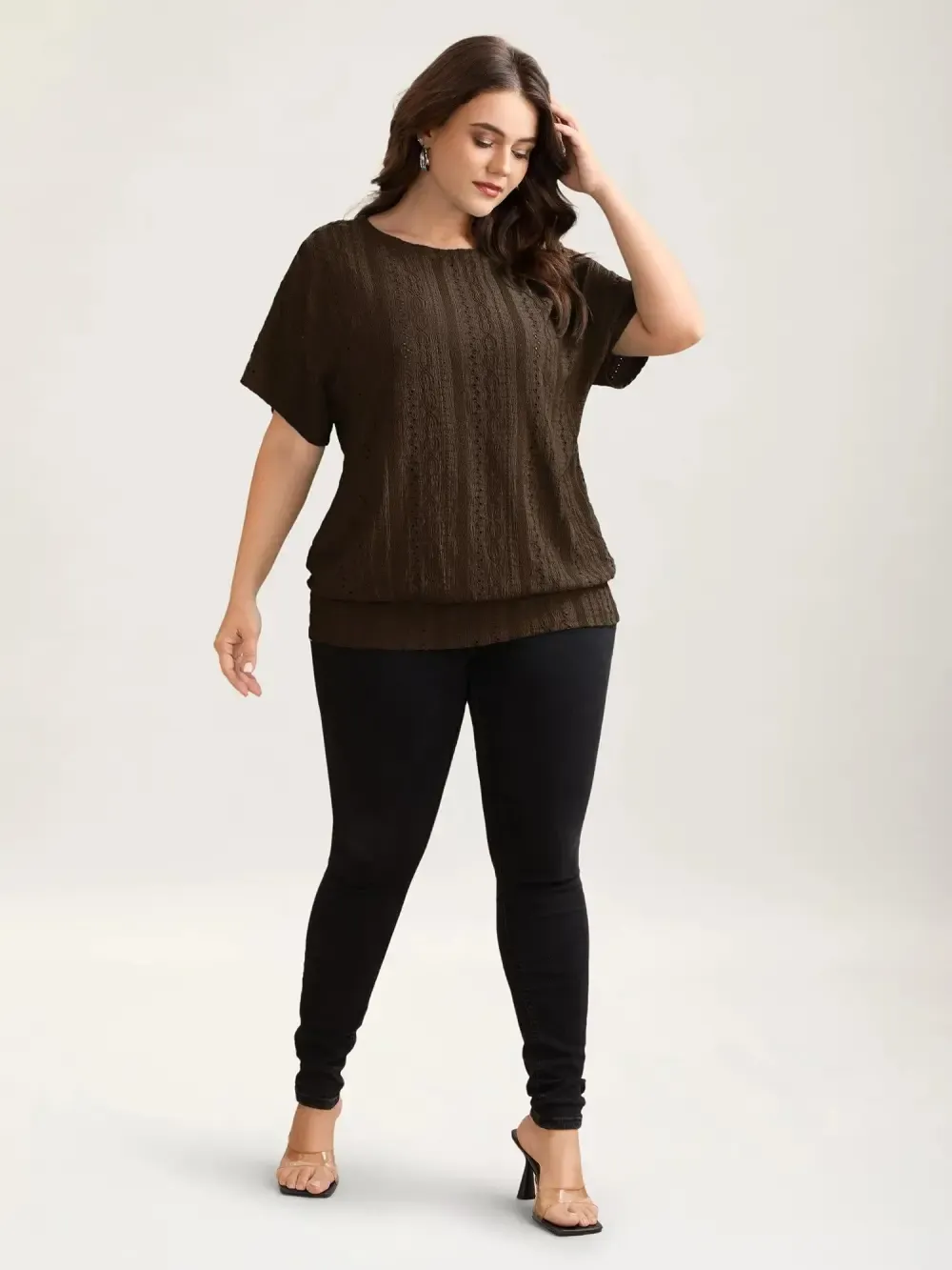 Eyelet Trim Stretchy Textured Plain Top