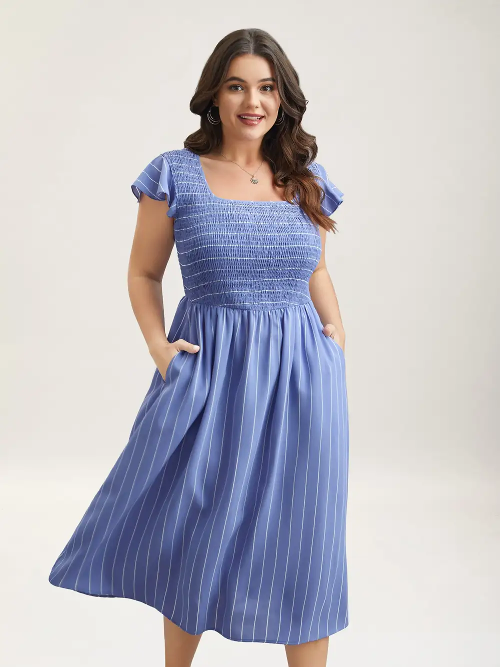 Striped Shirred Flutter Sleeve Midi Dress