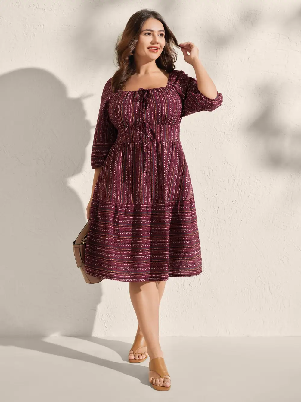 Fall Stripes Cinched-Waist Tie Midi Dress