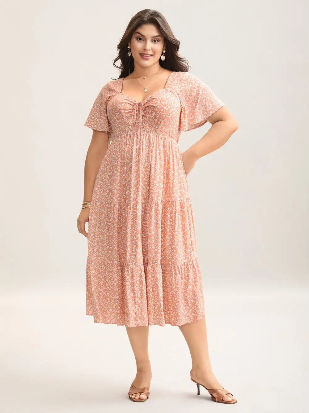 Ditsy Floral Sweetheart Drawstring Pocket Tiered Dress