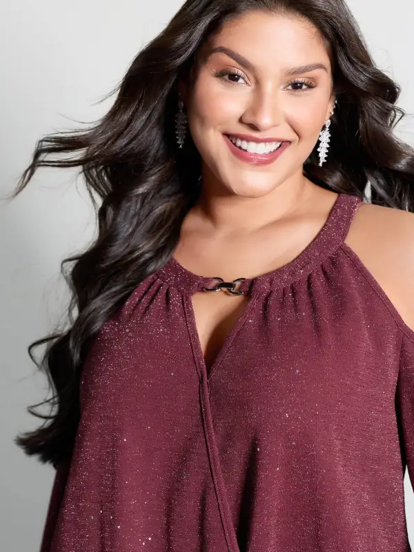 Shimmery Silk Wrap Cut-Out Shoulder Blouse