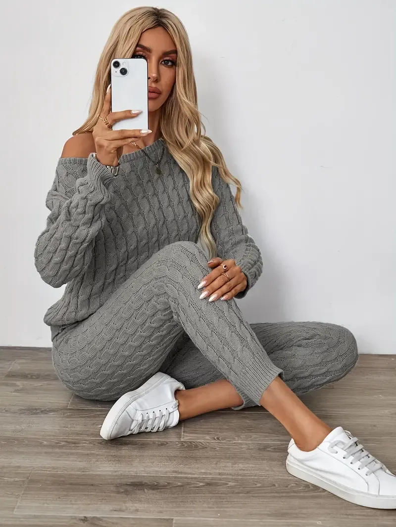Solid Knitted Matching Two-piece Set, Casual Long Sleeve Sweater & Pants Outfits, Women's Clothing