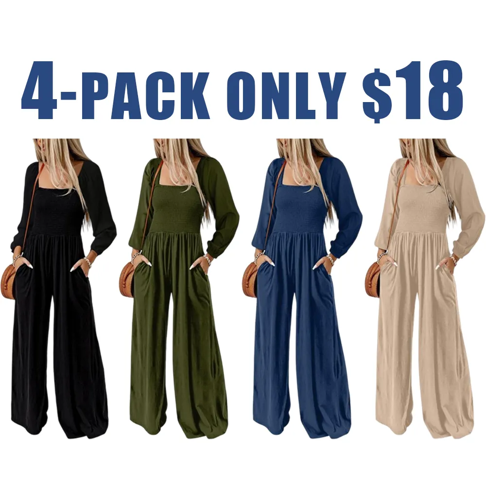 Women's Casual Loose Long Sleeve Wide Leg Jumpsuit with Pockets
