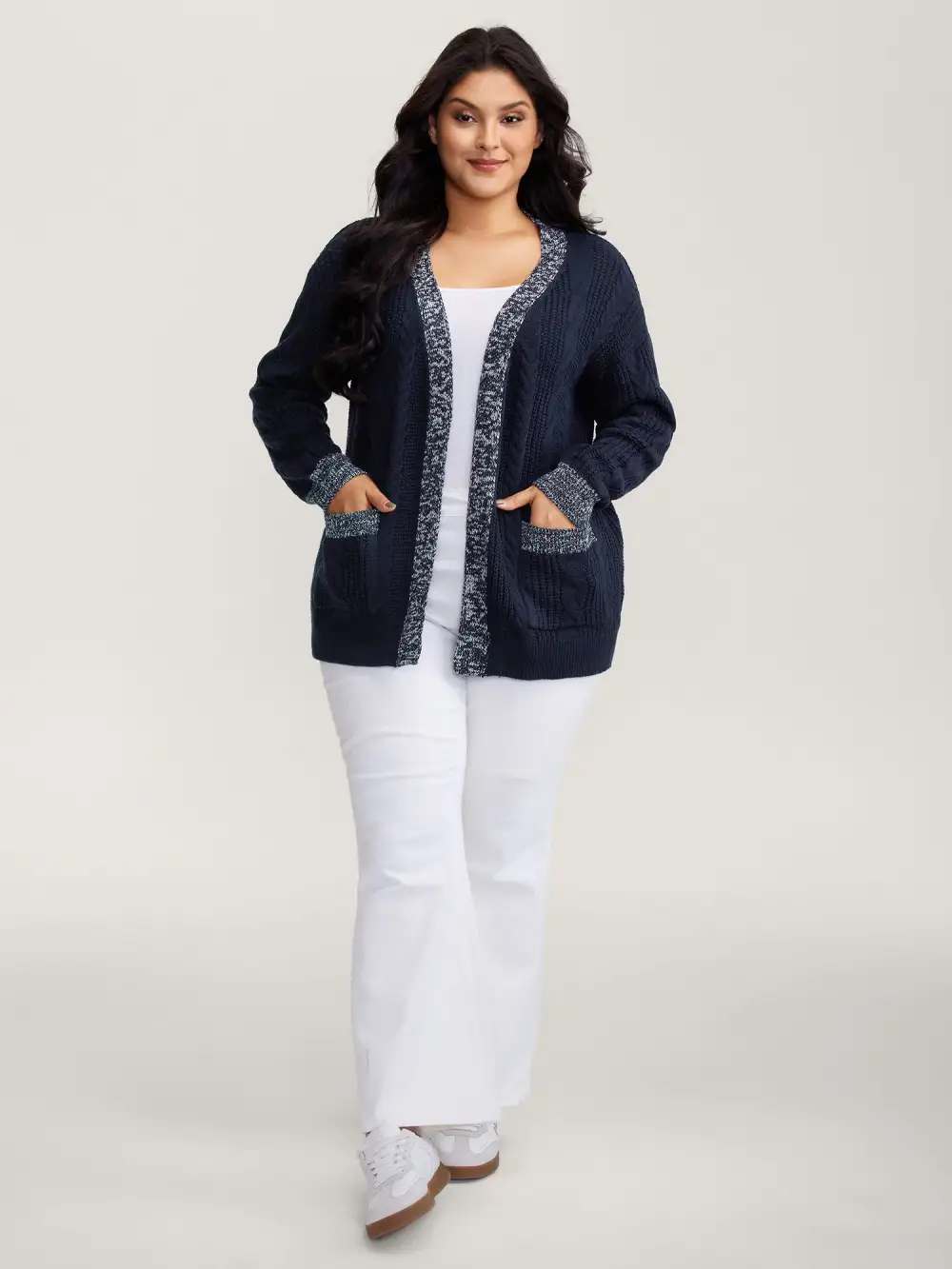 Mixed-Yarn Color Contrast Pockets Knit Cardigan