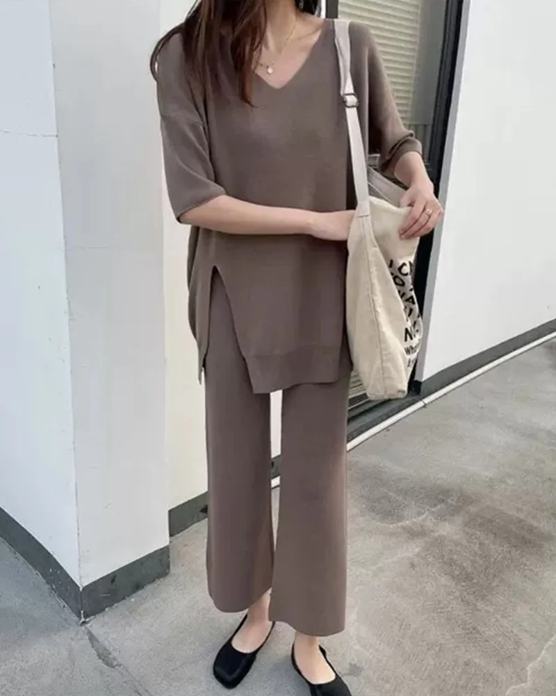 Loose V-Neck Casual Knit Two-Piece Set