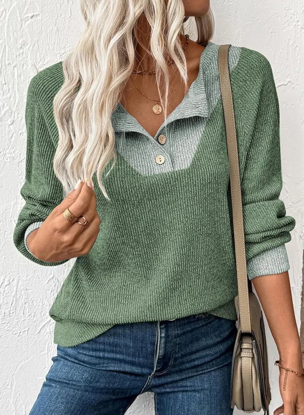 ✨Women's Colorblock Button Up V Neck Long Sleeve Casual Sweatshirts
