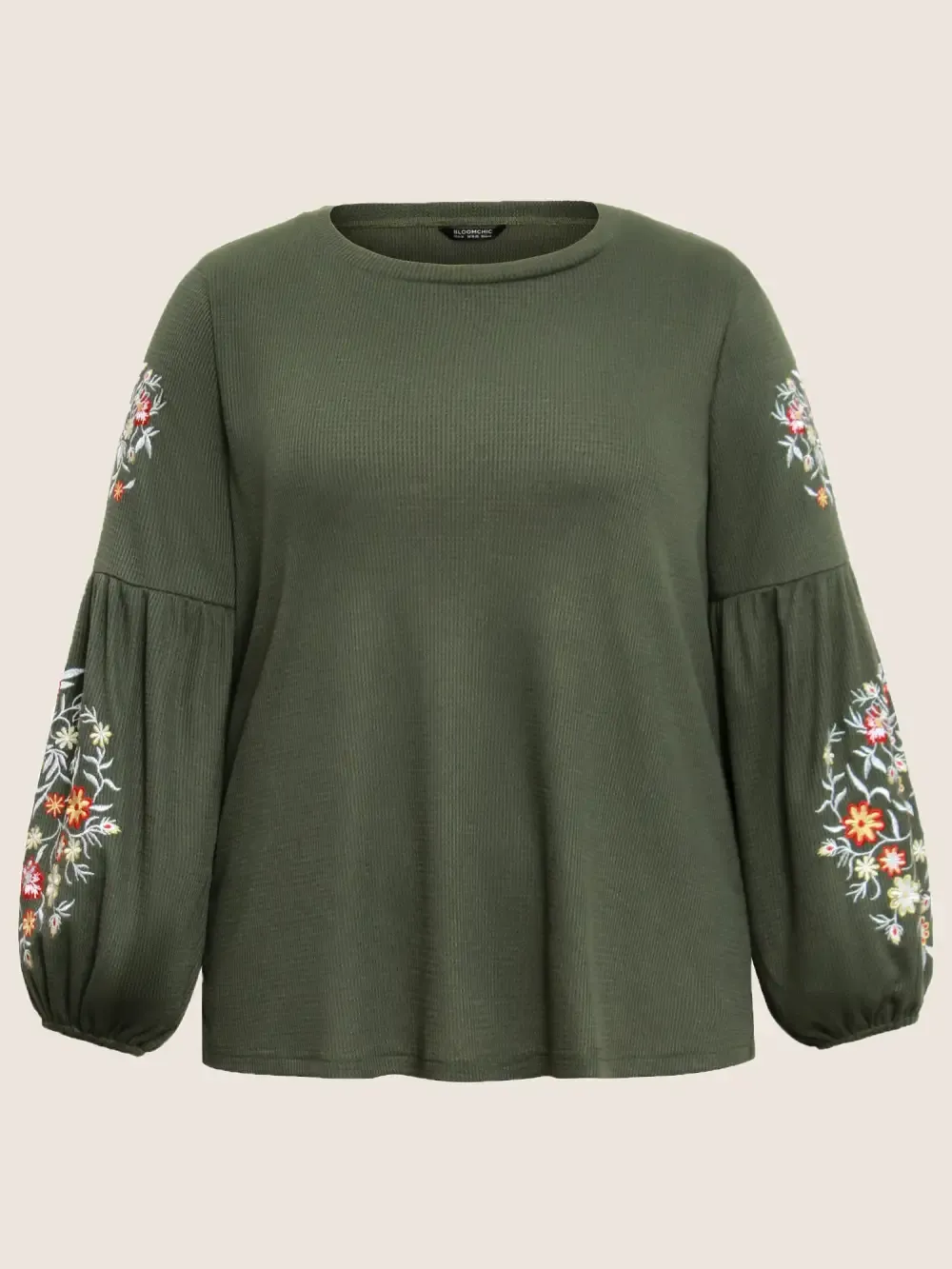 Waffle Knit Floral Embroidered Lantern Sleeve T-Shirt