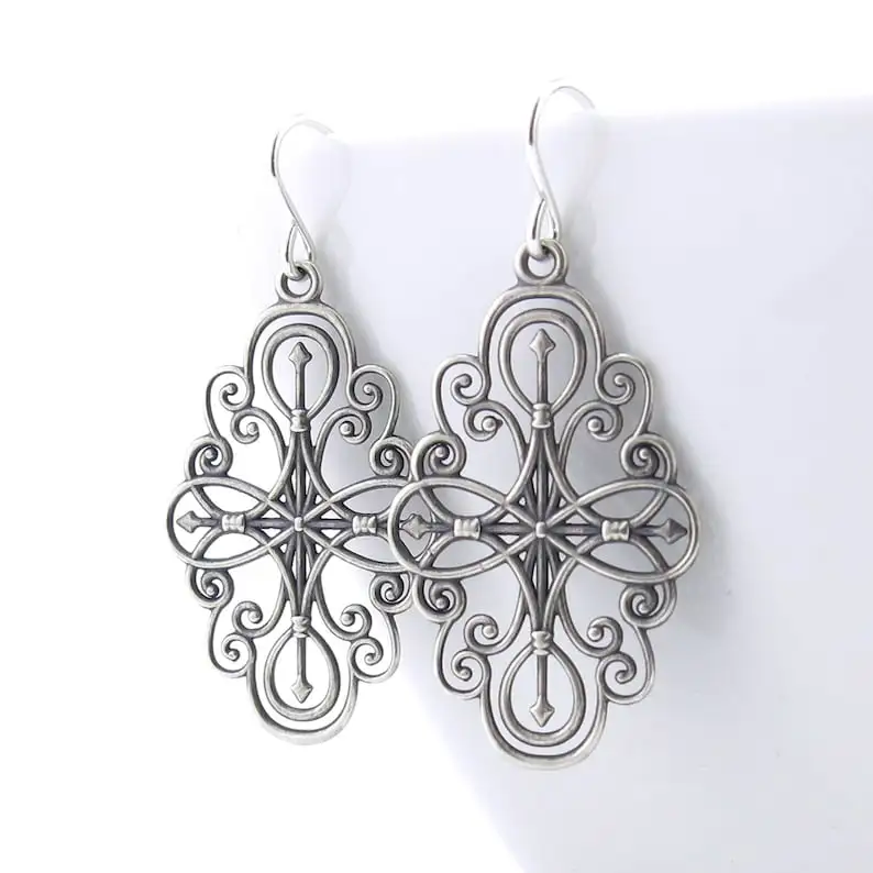 Long Silver Earrings Silver Filigree Earrings Compass Rose Jewelry Gift for Her Girlfriend Gift Sterling Silver Jewelry - Compass Rose