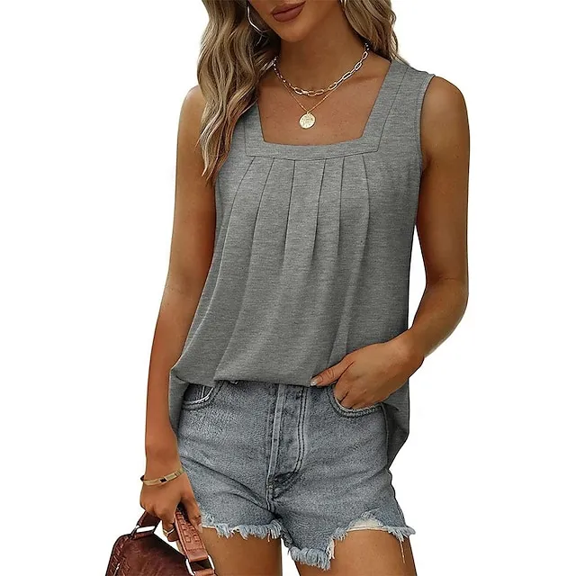 Tank Women's Wine Red Black White Solid / Plain Color Pleated Daily Basic Square Neck S