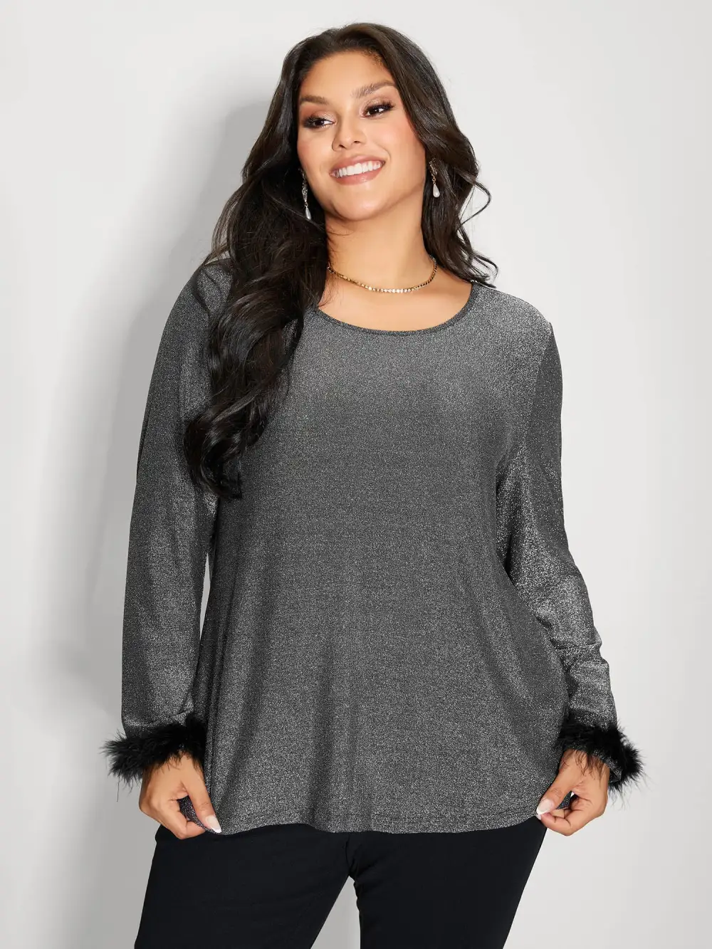 Shiny Silk Fur Cuffs Blouse