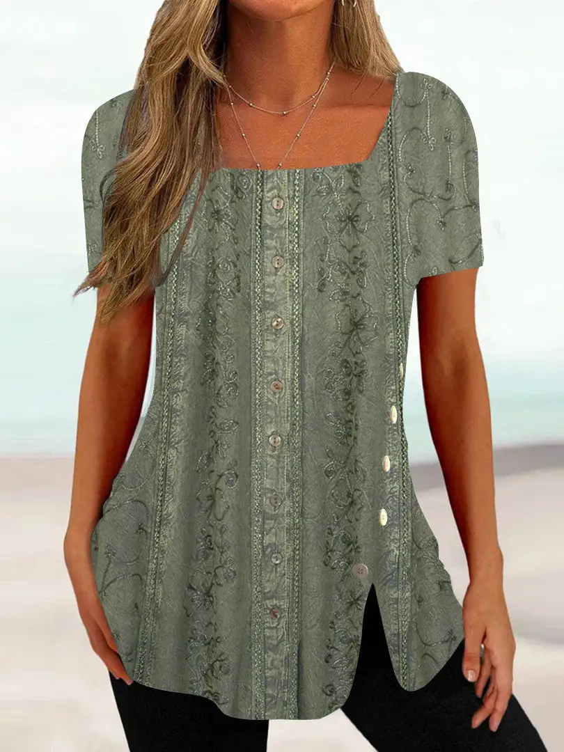 Women's Short Sleeve U-neck Floral Printed Graphic Button Top