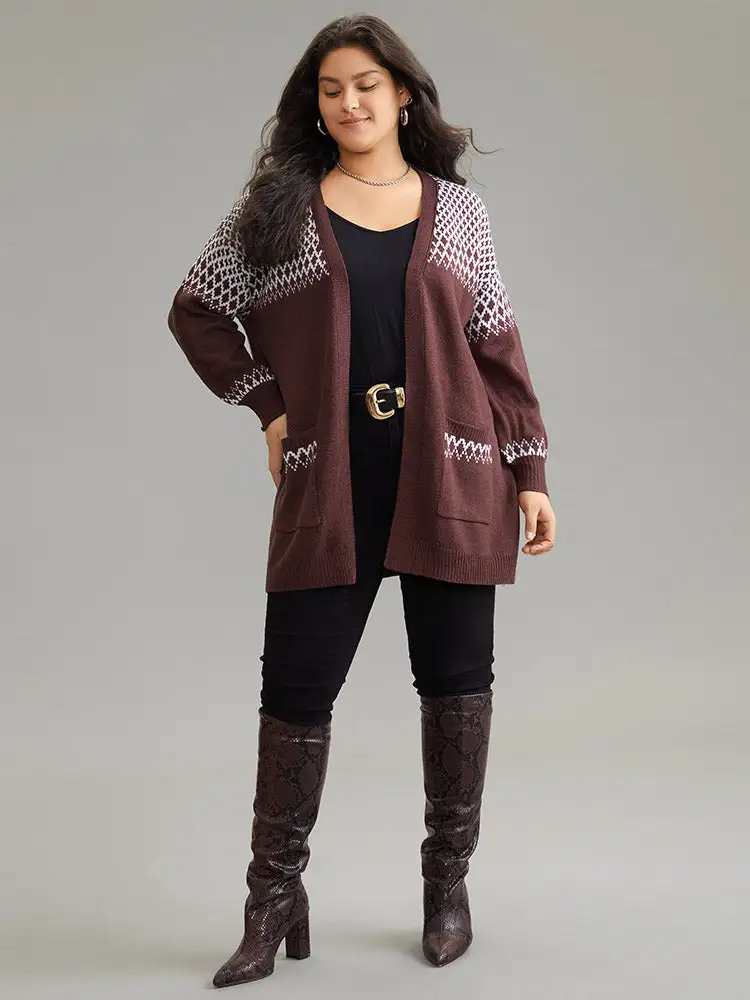 Geometric Contrast Patched Pocket Jacquard Cardigan