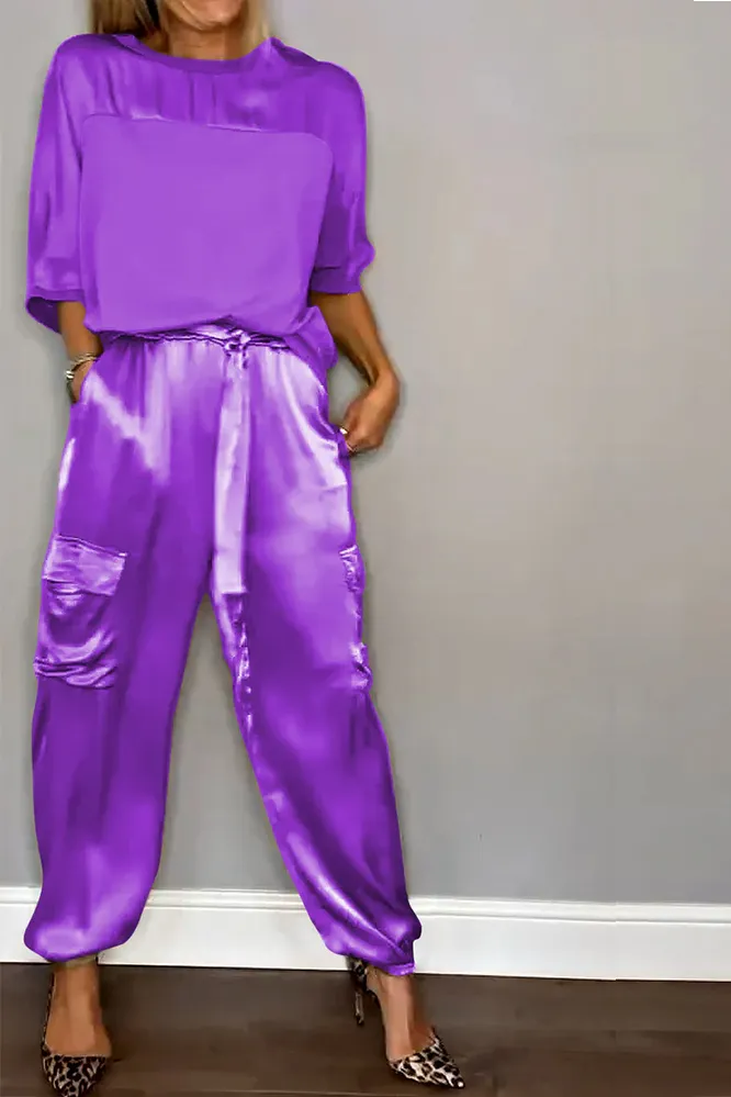 Women's Smooth Satin Half-sleeved Top and Pant Suit Two-piece