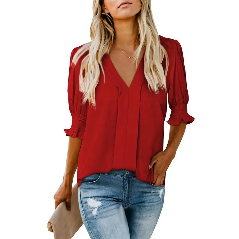 Women’s V-Neck Ruffle Sleeve Floral Blouse – Casual Lightweight Summer Tee 2025