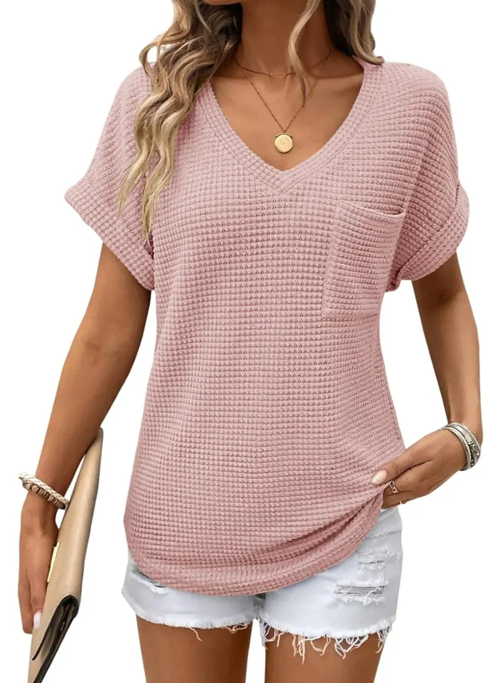 ✨Women's Oversized Waffle V Neck Short Sleeve Casual Top