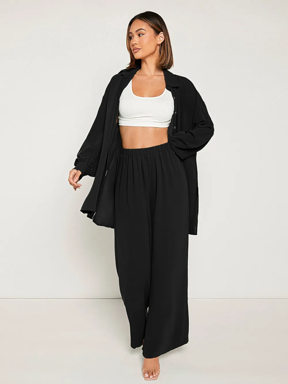 1pc Solid Button Front Shirt & 1pc Wide Leg Pants