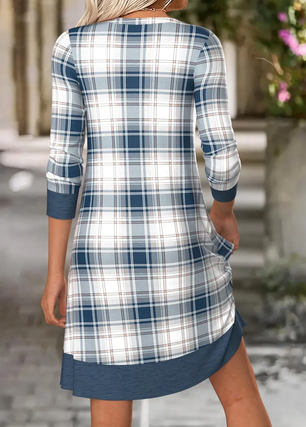 Dusty Blue Tummy Coverage Plaid Short Long Sleeve Dress