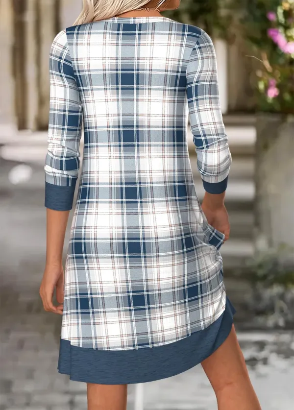 Dusty Blue Tummy Coverage Plaid Short Long Sleeve Dress