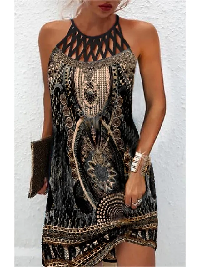 Women's Casual Dress Mini Dress Blue Sleeveless Print Print Spring Summer Halter Casual 2023 S M L XL XXL 3XL
