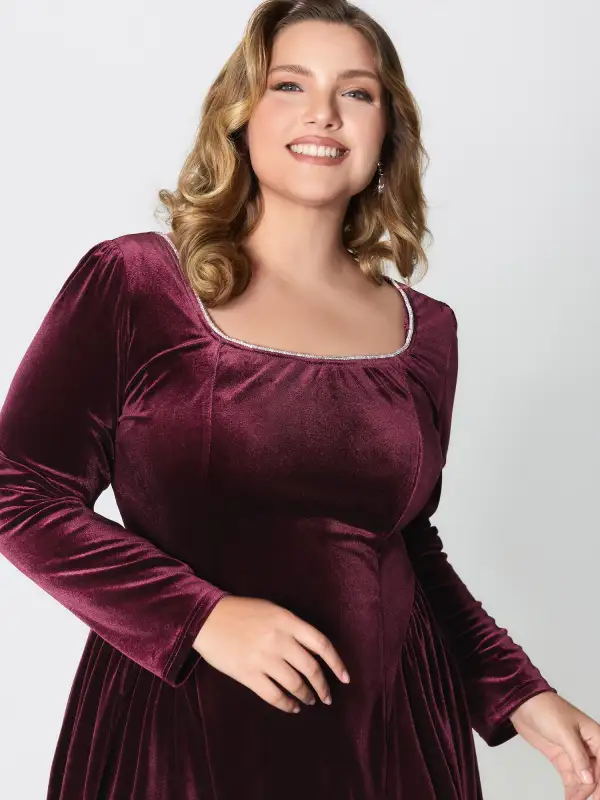 Velvet Structured Pleated Bodice Midi Dress