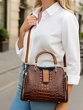 Women's Croc-Embossed Top-Handle Satchel – Structured Medium Tote Handbag with Detachable Crossbody Strap, Zip Accents & Gold Hardware for Work, Office, Travel & Everyday