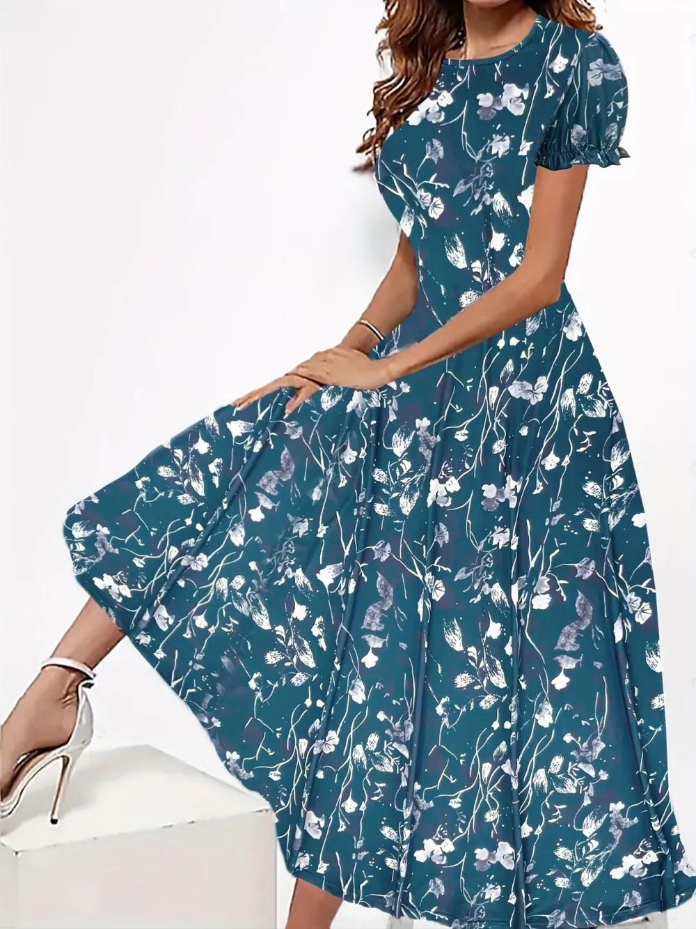 Short Sleeve Floral Print Elegant Crew Neck Dress for Spring & Summer