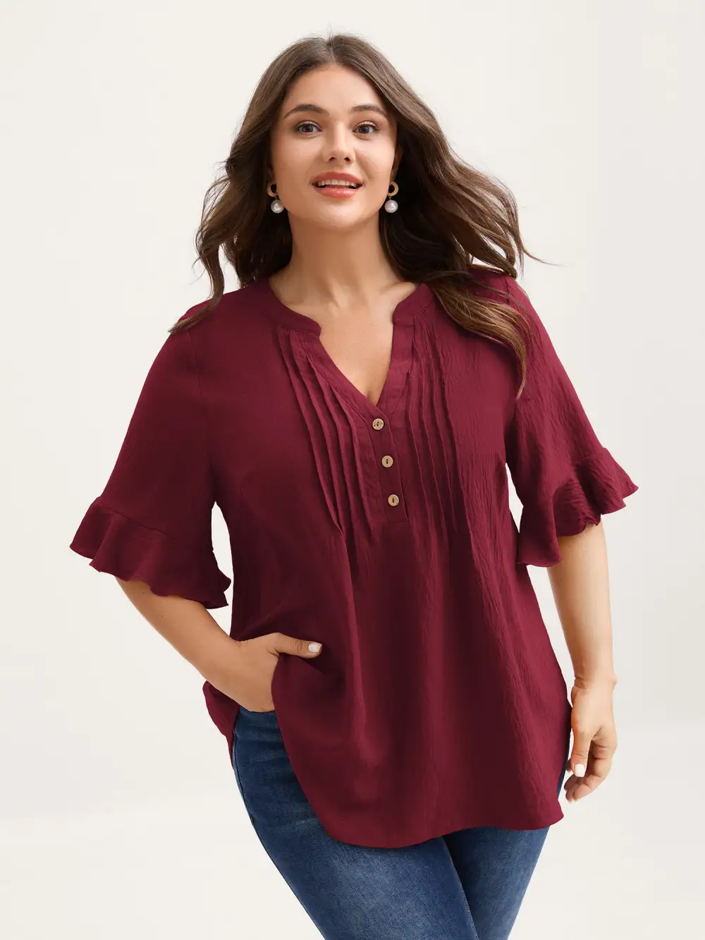 Toothpick Pleats Ruffled Sleeve Solid Blouse