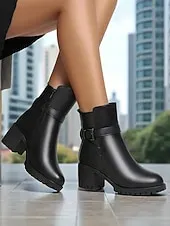 Women's Black Leather Ankle Boots - Warm Fur Lined Mid Heel Winter Booties with Side Zipper and Buckle for Cold Weather, Work & Outdoor Wear
