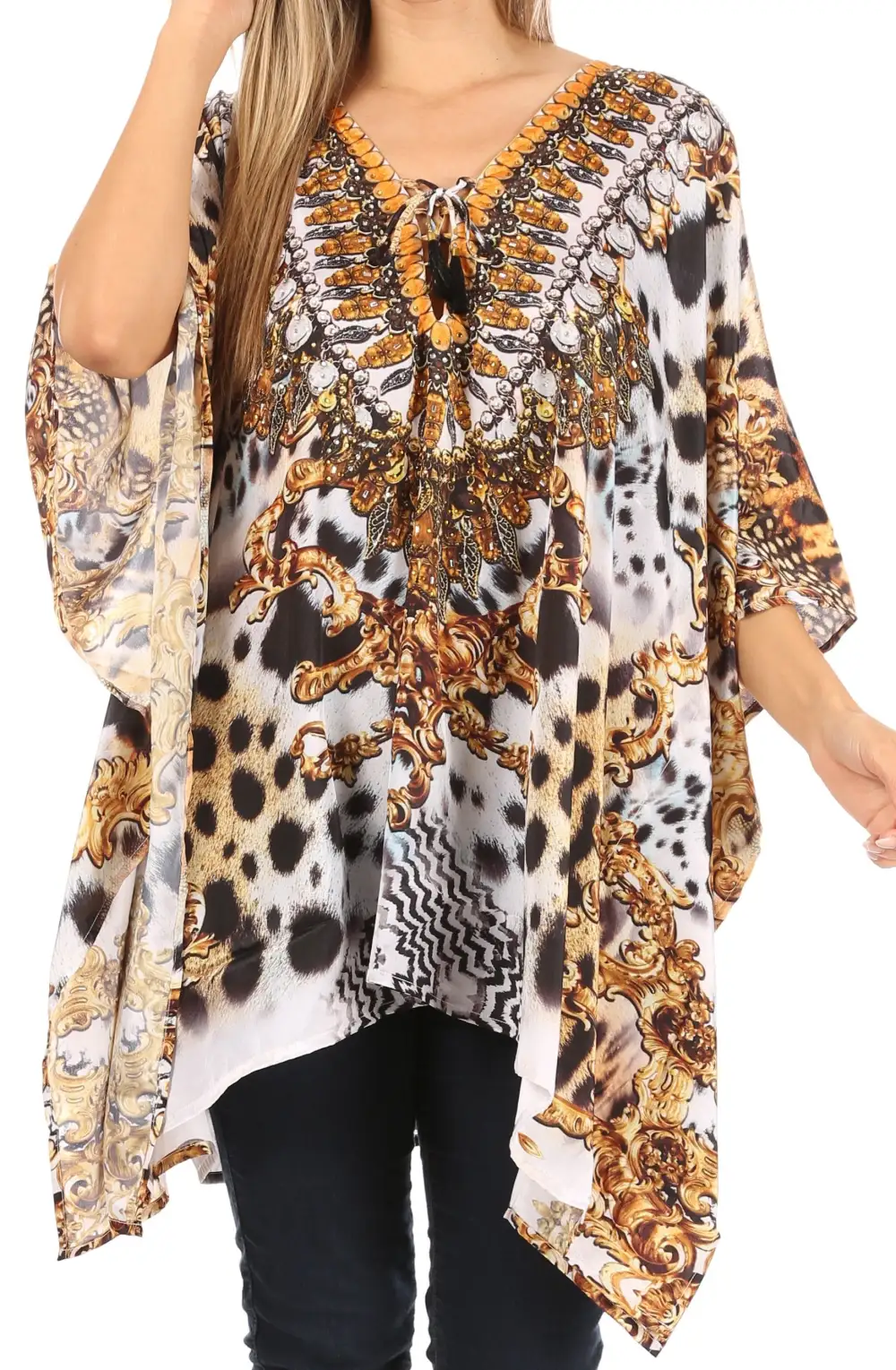 Women's Caftan Poncho Cover up V neck Top Lace up With Rhinestone