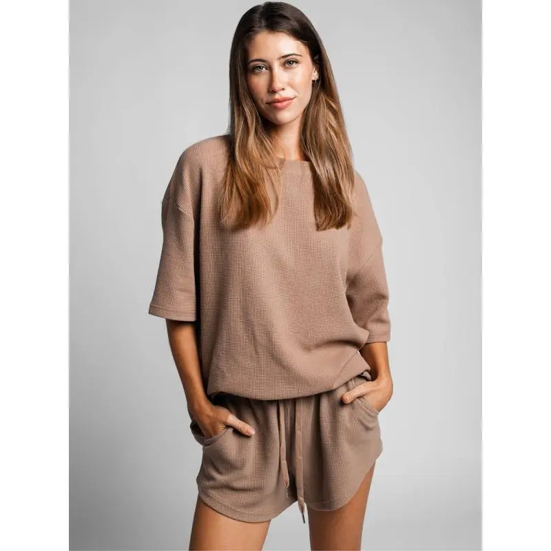 Women's Waffle Knit Lounge Shorts – Soft High Waist Casual Sleep Shorts with Drawstring for Home & Daily Wear