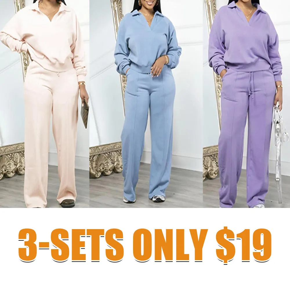 Women's Solid Long Sleeve Sweatshirt & Drawstring Waist Pants Set, Casual Fashion Cozy Two-piece Outfits