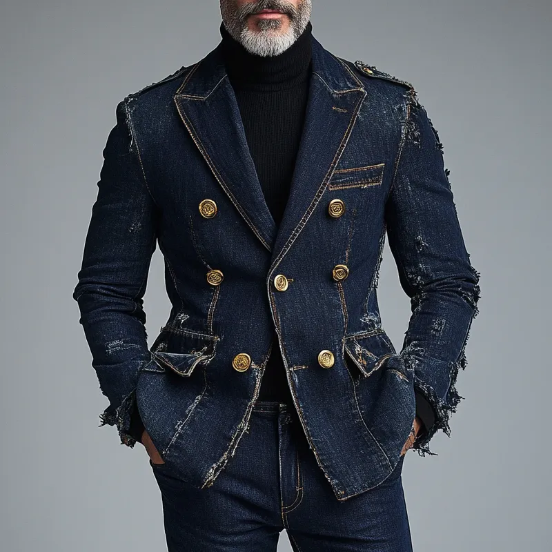 Men's Daily Denim Raw Edge Peaked Lapel Triple Breasted Blazer